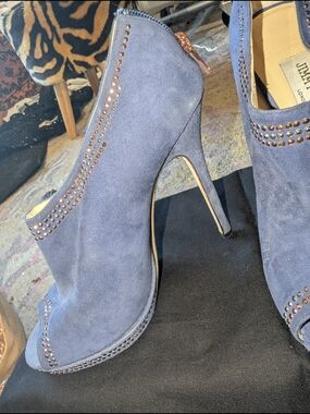 Jimmy Choo Blue Suede Studded Peep-Toe Stiletto Booties